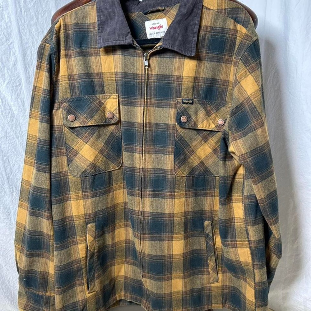 Yellow and black Wrangler plaid zip light‎ jacket with corduroy collar XL